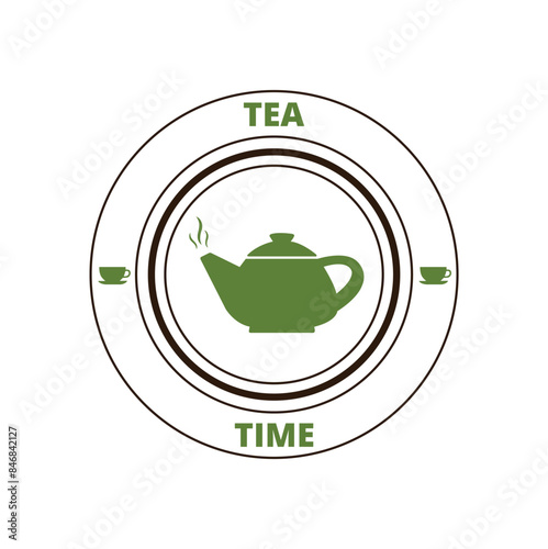 Cartel Hora del Té con una tetera en color verde. Vector