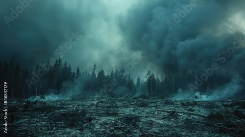 Dramatic scene of a wildfire aftermath in a dense forest, with lingering smoke and hazy atmosphere creating a haunting and surreal landscape. photo