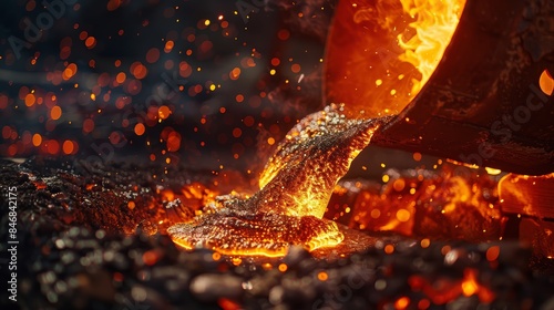 High-detail close-up of molten metal being cast, showing the liquid metal's flow and the surrounding intense heat in a foundry photo
