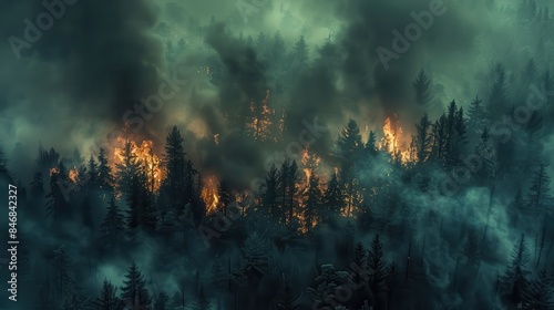 An intense wildfire spreading through a dense forest, creating towering flames and thick smoke under a dramatic sky.