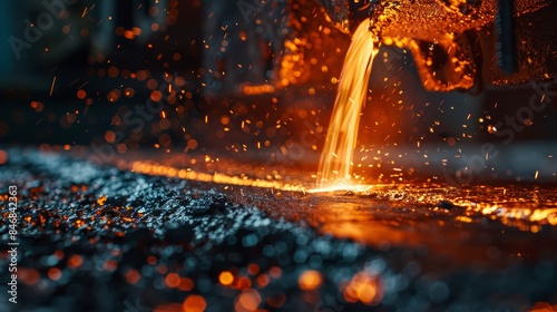 Macro shot of molten metal being poured in a foundry, highlighting the radiant heat and the detailed flow into the mold