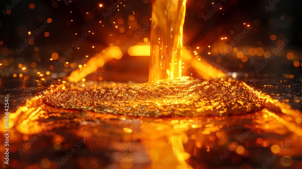 Molten metal stream flowing into a mold, capturing the fiery glow and sparks, emphasizing the industrial manufacturing process