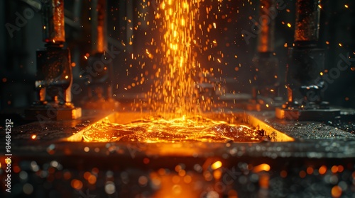 Molten metal stream flowing into a mold, capturing the fiery glow and sparks, emphasizing the industrial manufacturing process