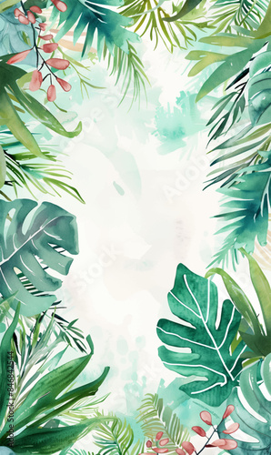 Watercolor frame with tropical jungle leaves. Watercolor summertime background. Vector aloha illustration