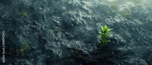 A single green plant emerges resiliently from a dark, rocky terrain, illustrating growth and perseverance in a harsh environment. photo