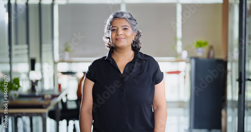 Indian Asian happy older aged adult boss ceo woman lady agent look cam do pose head shot video elder old gen x healthy female leader worker staff expert standing proud indoor job office work place day