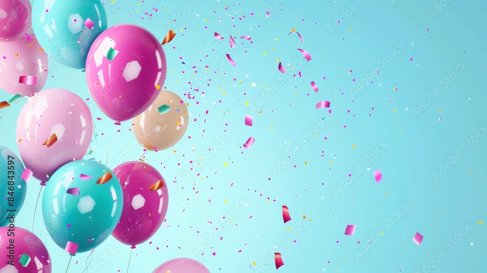 Bright banner with balloons, confetti, poster with copy space.
Bright banner with balloons, confetti, poster with copy space.