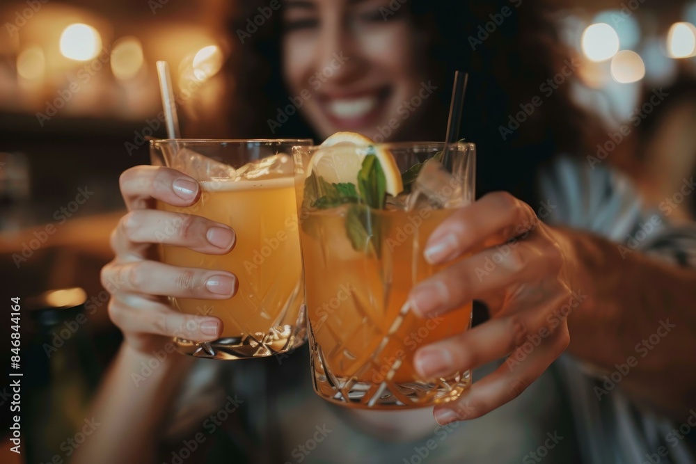 Jubilant woman raises two vibrant cocktails in a toast at a cozy bar ambiance Jubilant woman raises two vibrant cocktails in a toast at a cozy bar ambiance