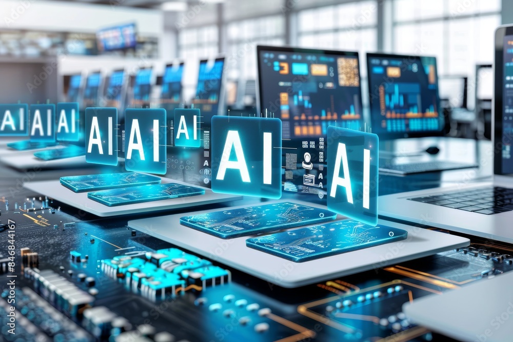 custom made wallpaper toronto digitalModern control center with AI interfaces and digital screens, illustrating the integration of advanced technology and artificial intelligence in a sleek, high tech environment