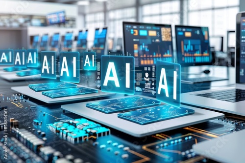 Wallpaper Mural Modern control center with AI interfaces and digital screens, illustrating the integration of advanced technology and artificial intelligence in a sleek, high tech environment Torontodigital.ca