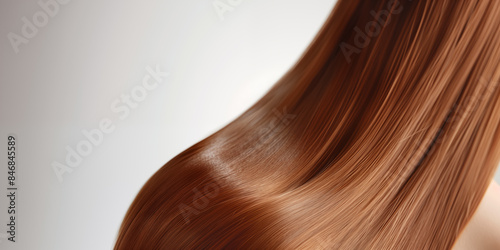 Сlose-up of straight, long, silky copper-colored hair. Shiny, healthy, smooth hair of a red shade on a white background. photo