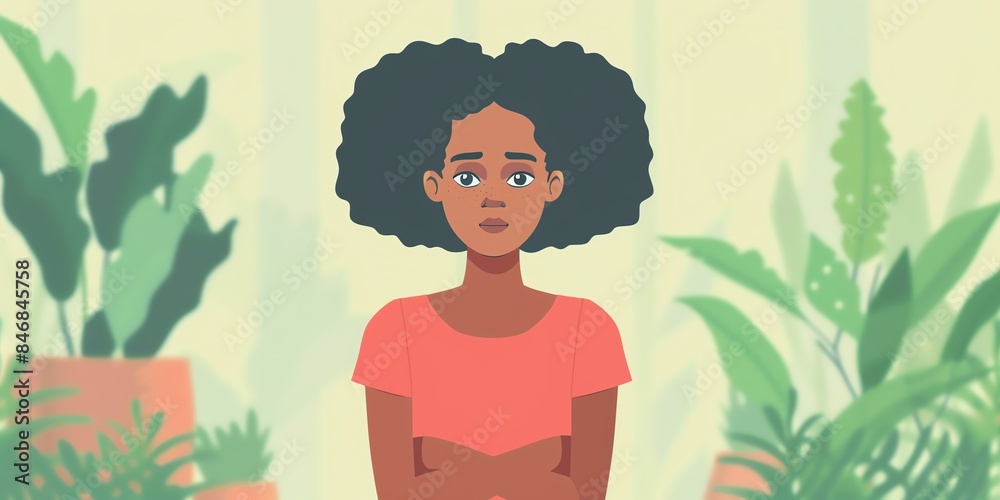 A young woman with dark curly hair is standing in a room with many green plants. She is wearing a pink shirt and has a thoughtful expression on her face. A young woman with dark curly hair is standing in a room with many green plants. She is wearing a pink shirt and has a thoughtful expression on her face.