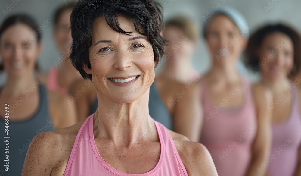 Middle-aged women smiling and standing at the gym doing stretching. In front is an attractive woman Middle-aged women smiling and standing at the gym doing stretching. In front is an attractive woman