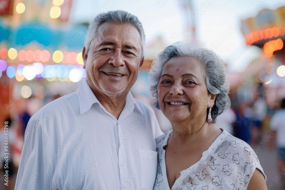 Portrait of a grinning multicultural couple in their 60s wearing a classic white shirt in front of lively amusement park background Portrait of a grinning multicultural couple in their 60s wearing a classic white shirt in front of lively amusement park background