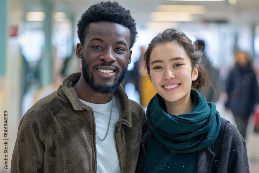 Portrait of a cheerful multicultural couple in their 30s wearing a thermal fleece pullover in front of busy hospital hallway background Portrait of a cheerful multicultural couple in their 30s wearing a thermal fleece pullover in front of busy hospital hallway background