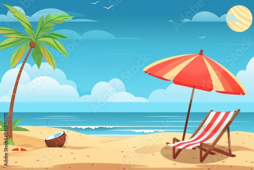 Tropical summer beach background with coconut tree, beach umbrella, beach chair, illustration design. summer vacation concept. 3d rendering © pixeness