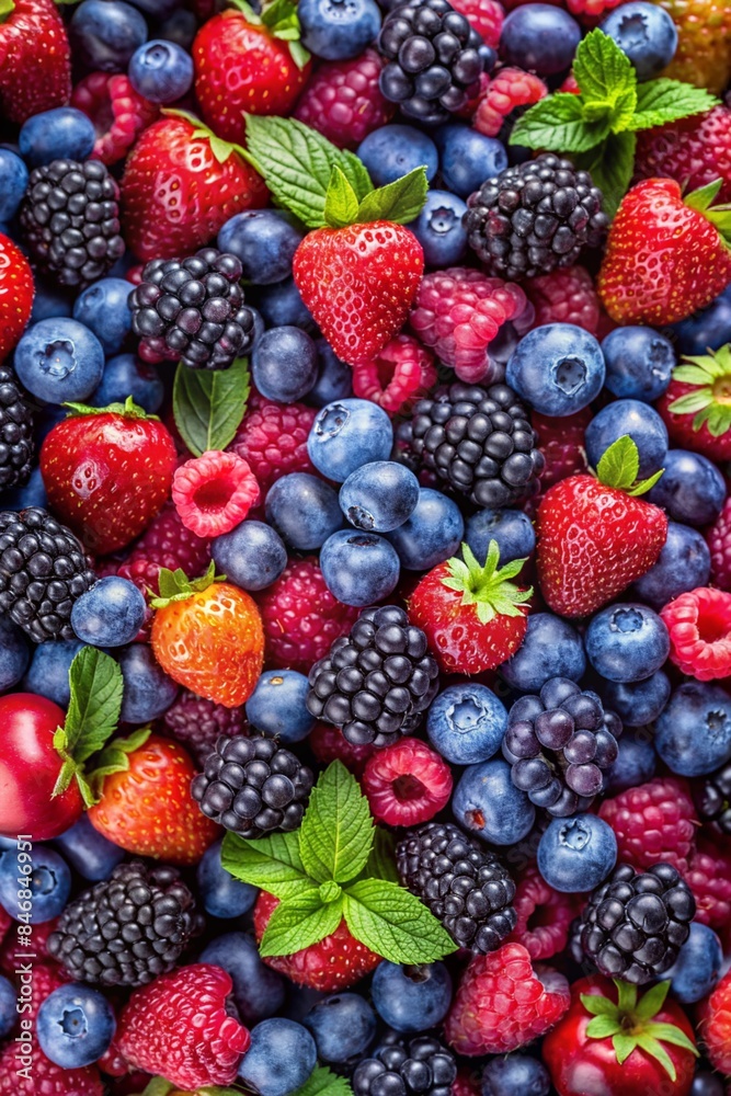 Fototapeta premium Background of mixed blackberries, raspberries, and blueberries