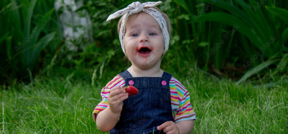 little girl eating strawberries in the garden. Selective focus little girl eating strawberries in the garden. Selective focus