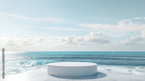 Serene Summer Beach Background with Minimal White Pedestal Display Platform - 3D Render Stock Illustration