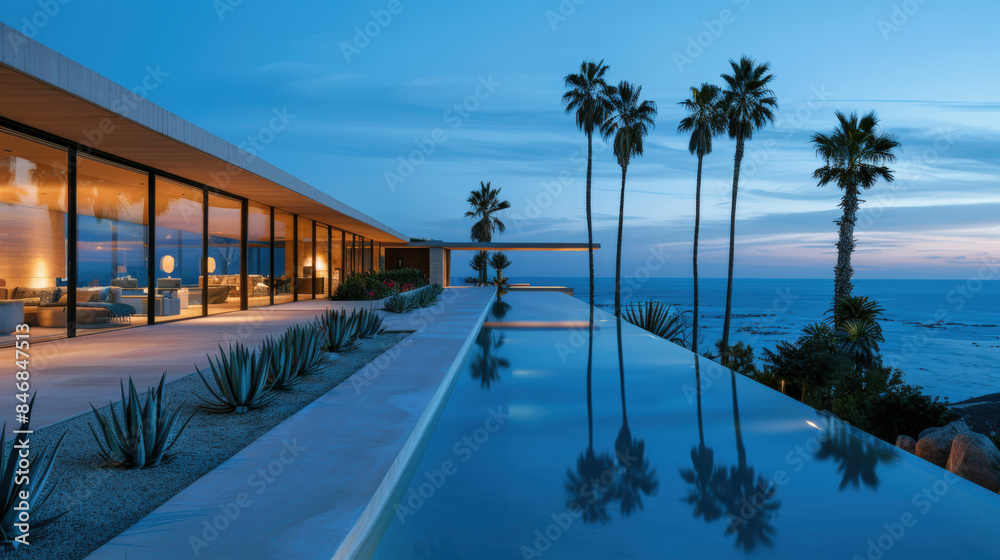 Fototapeta premium villa avec piscine au bord de mer avec palmiers et cactus à l'heure bleue