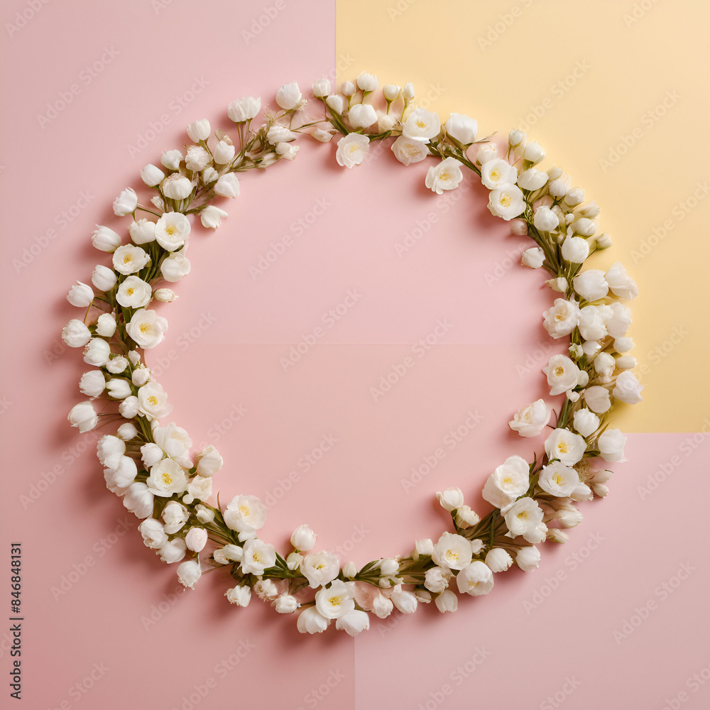 An elegant wreath made of white flowers arranged in a circle, set against a dual pink and cream backdrop, symbolizing purity and grace. Copy space. Minimal floral concept. Flat lay. An elegant wreath made of white flowers arranged in a circle, set against a dual pink and cream backdrop, symbolizing purity and grace. Copy space. Minimal floral concept. Flat lay.