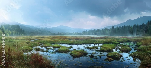 grassy meadow with wetlands and puddles on it
