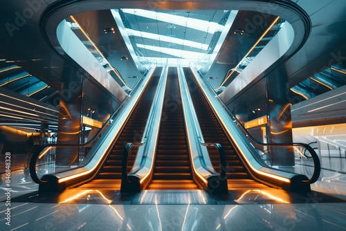 Three empty escalators going up in a modern building with futuristic architecture and orange lights photo