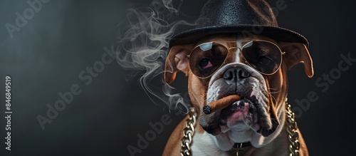 Cool and stylish bulldog wearing sunglasses, a gold chain necklace around its neck and a hat, smoking cigar on a dark background with copy space