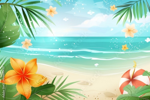 Tropical summer beach background with coconut tree  beach umbrella  chair and summer element vector illustration. summer vacation concept. 3d rendering