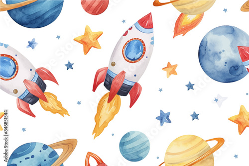 Seamless pattern spaceship. Planets, rockets and stars. Cartoon spaceship icons. Kid's elements watercolor. Childish background. Flat style hand drawn vector illustration.