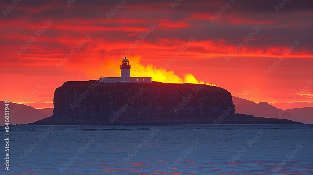 A lighthouse is on a rocky island in the ocean A lighthouse is on a rocky island in the ocean