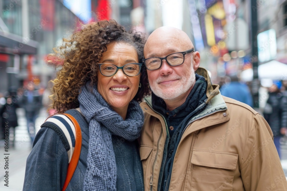 Portrait of a cheerful mixed race couple in their 50s sporting a stylish varsity jacket isolated on bustling city street background Portrait of a cheerful mixed race couple in their 50s sporting a stylish varsity jacket isolated on bustling city street background
