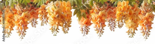 Vibrant orange wisteria flowers hanging gracefully, isolated on white background. Perfect for floral decorations and botanical designs.