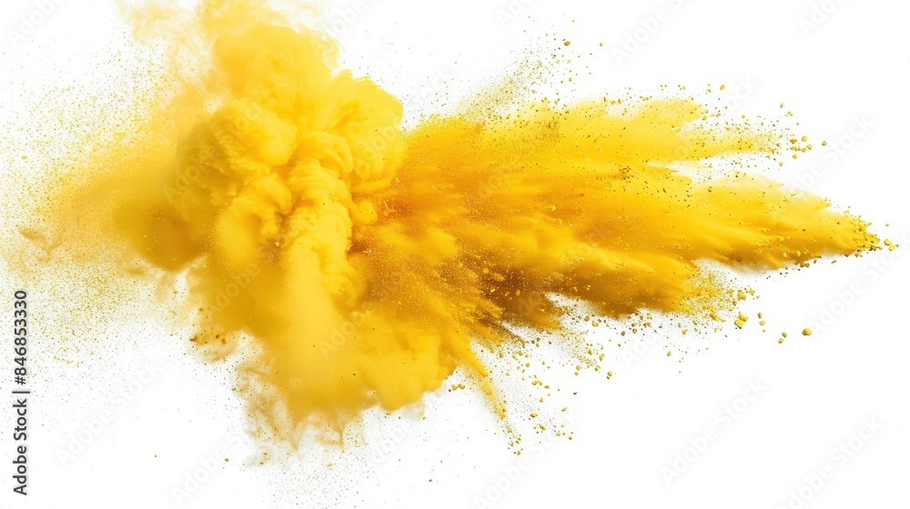 dynamic explosion of yellow powder or smoke against a White background. The main subject is the yellow substance, which is dispersed in a manner that suggests a sudden release or detonation dynamic explosion of yellow powder or smoke against a White background. The main subject is the yellow substance, which is dispersed in a manner that suggests a sudden release or detonation