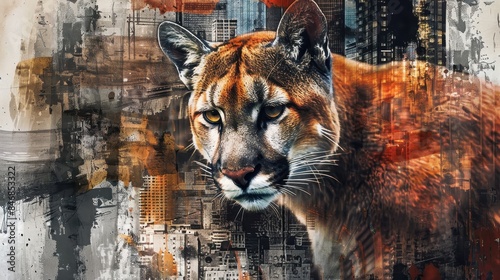 Close-up of a cougar's face superimposed on a background that combines urban elements like buildings and a cityscape with artistic elements such as paint splatters, abstract shapes photo