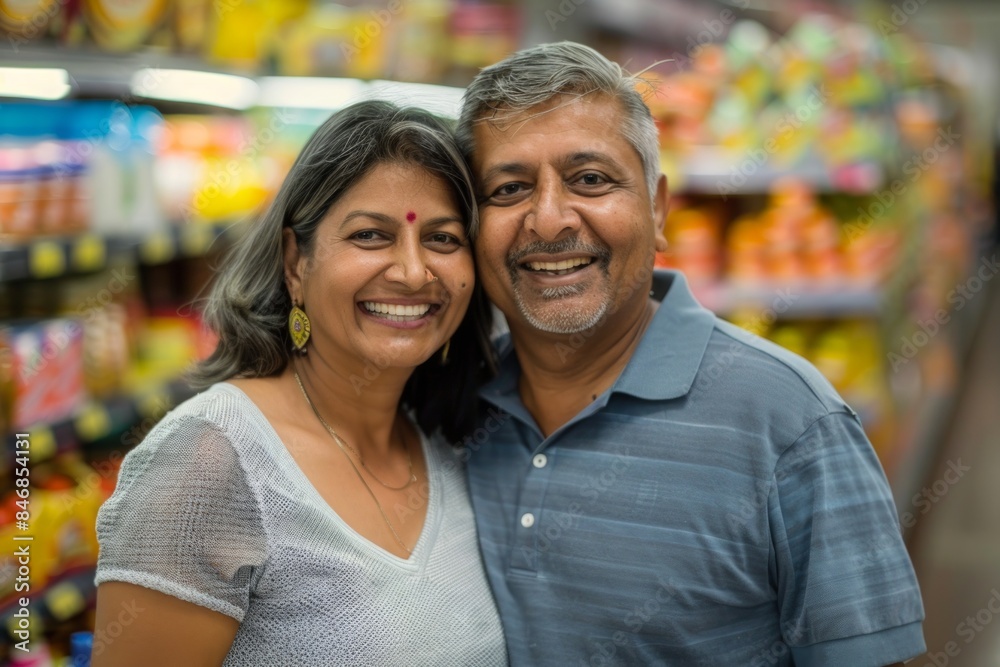 Portrait of a smiling indian couple in their 50s donning a classy polo shirt while standing against busy supermarket aisle background Portrait of a smiling indian couple in their 50s donning a classy polo shirt while standing against busy supermarket aisle background