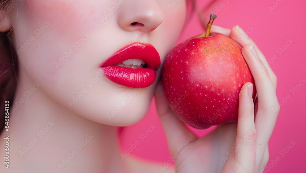 Close up of beautiful woman's lips with fresh apple on pink background Close up of beautiful woman's lips with fresh apple on pink background