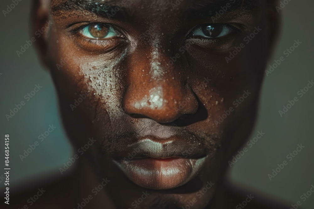 Obraz premium Closeup of a young man's face with captivating eyes and contrasting shadows