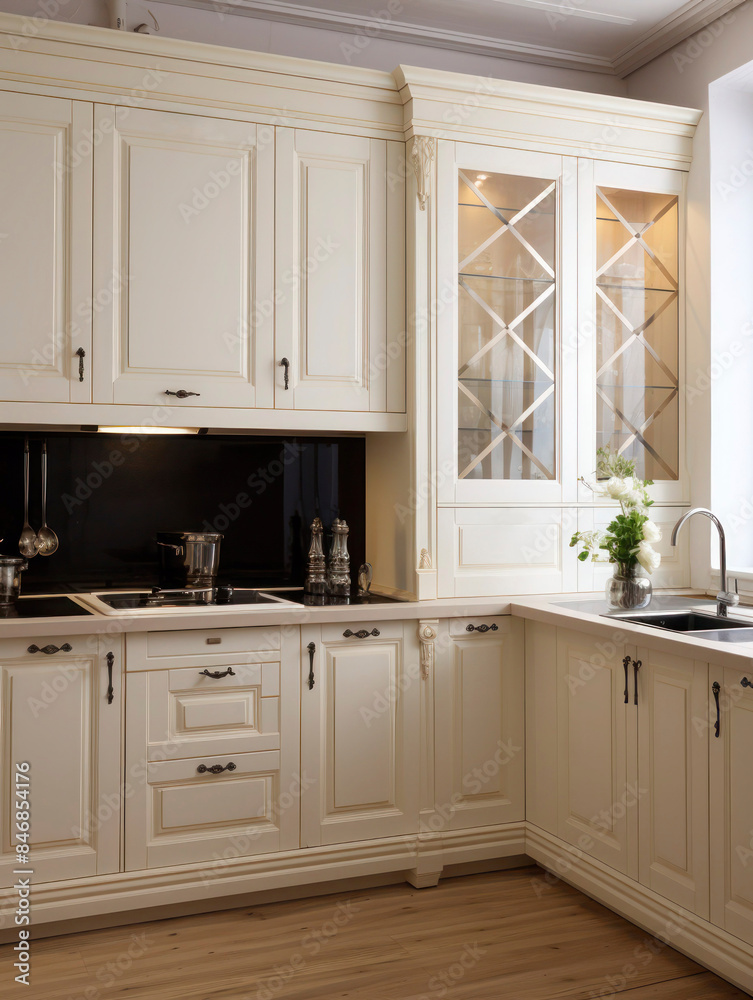 Fragment of classic kitchen design interior, sink, cupboards and stove, vertical image. Fragment of classic kitchen design interior, sink, cupboards and stove, vertical image.