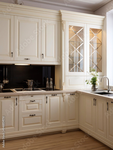 Fragment of classic kitchen design interior, sink, cupboards and stove, vertical image.
