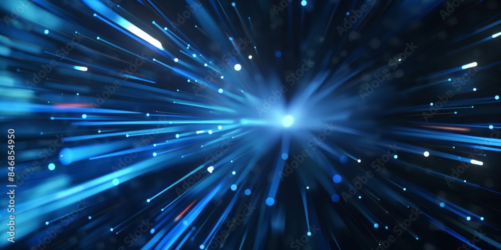 Fototapeta premium Dynamic image of blue light beams exploding from a central point on a dark background