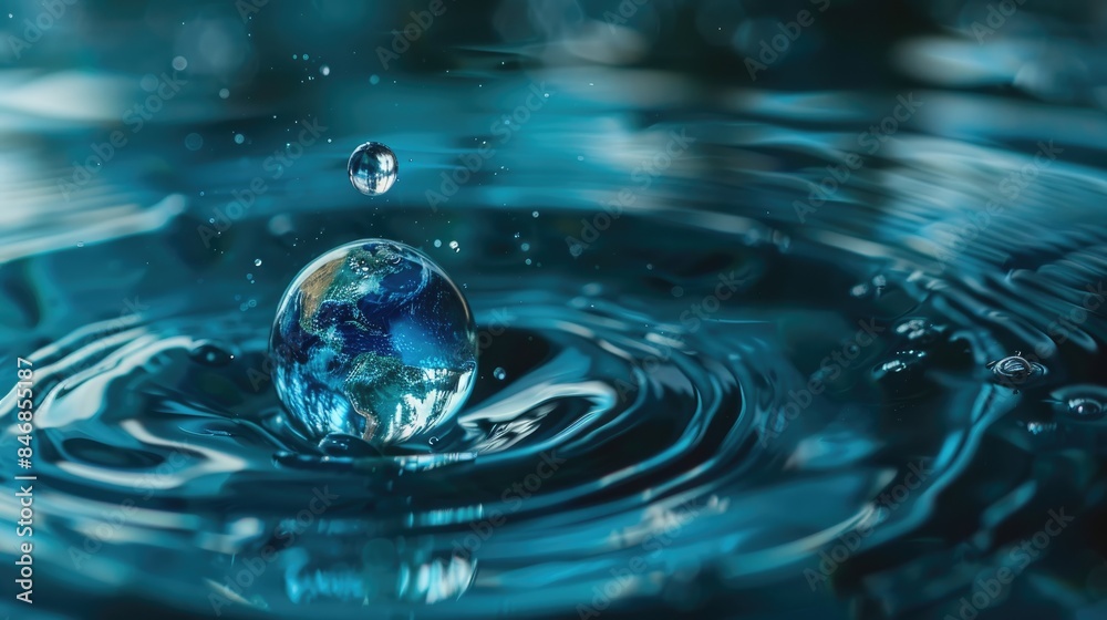 The concept of World Water Day with the image of the world in the form of a drop of clean water and fresh blue ripples on the water, the concept of environmental conservation. The concept of World Water Day with the image of the world in the form of a drop of clean water and fresh blue ripples on the water, the concept of environmental conservation.