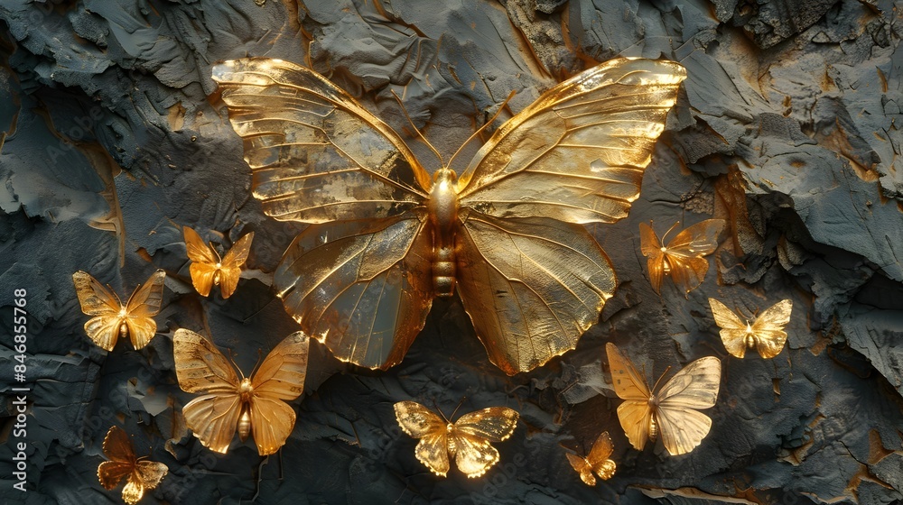 Obraz premium Gilded Butterflies Adorning Stucco Molding on Tranquil River Twilight Scene