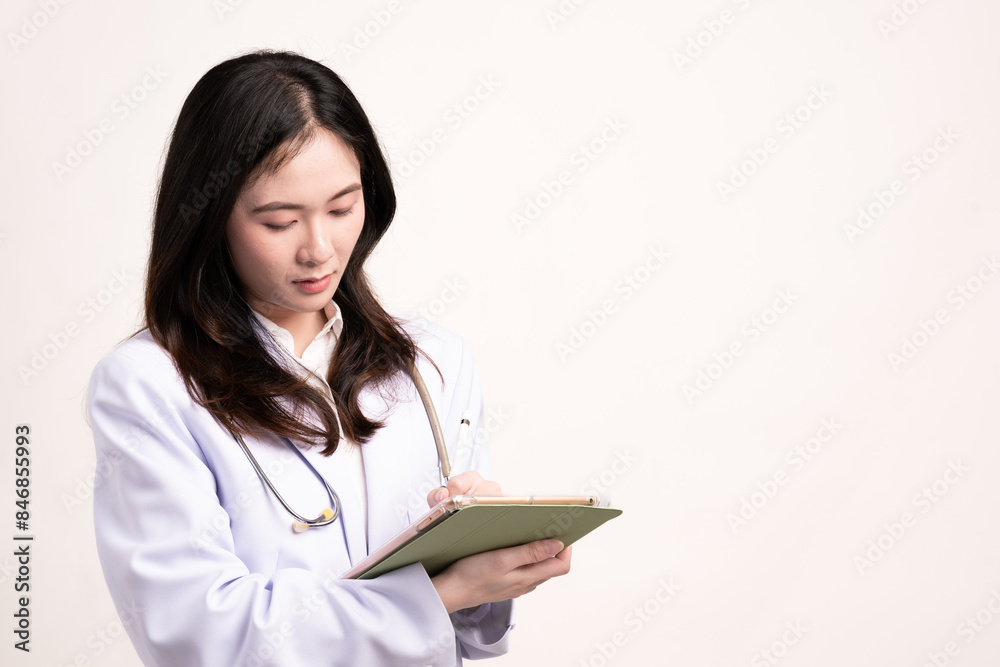 Portrait of happy female doctor wearing medical uniform and stethoscope at hospital.Beautiful smiling asian woman doctor isolated on white background.Doctor standing holding digital tablet in her hand Portrait of happy female doctor wearing medical uniform and stethoscope at hospital.Beautiful smiling asian woman doctor isolated on white background.Doctor standing holding digital tablet in her hand