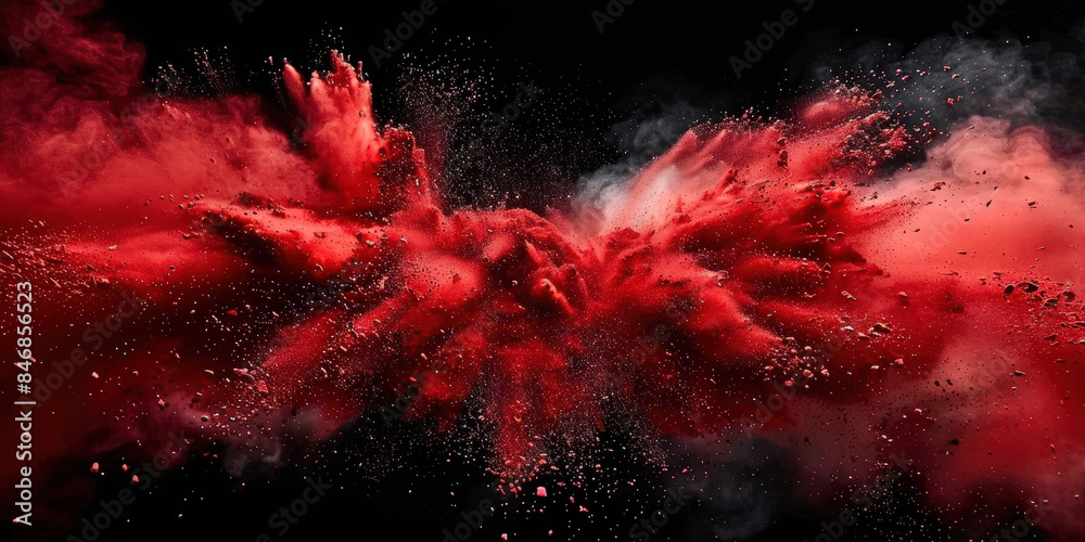 Dynamic explosion of red powder against a black background, creating a striking and energetic visual effect with vibrant red particles spreading outward in a dramatic burst.. Dynamic explosion of red powder against a black background, creating a striking and energetic visual effect with vibrant red particles spreading outward in a dramatic burst..