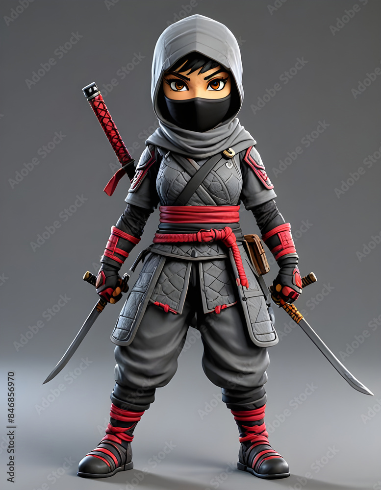3D animated Cute Cartoon the woman soldier warrior Ninja Assassin 3D Rendered on Gray Background. 3D animated Cute Cartoon the woman soldier warrior Ninja Assassin 3D Rendered on Gray Background.