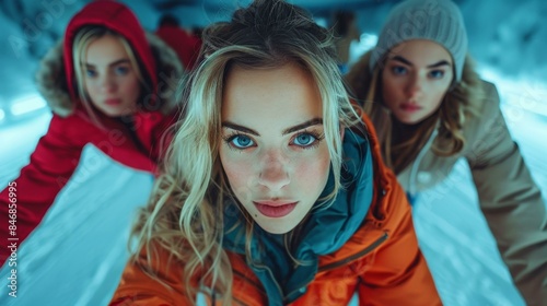 Three women wearing winter coats and hats, with one of them looking directly into the camera. © Gayan