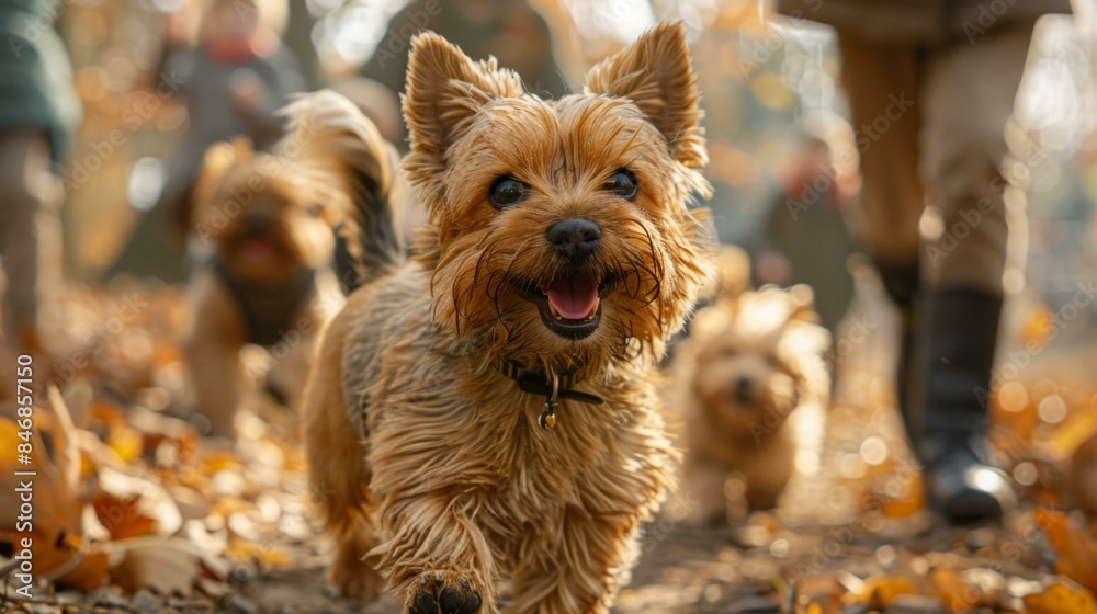A group of small dogs running together in a field, with one dog leading the way and smiling. A group of small dogs running together in a field, with one dog leading the way and smiling.