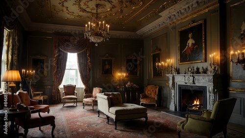 As the fire crackles in the hearth, shadows dance across the walls of the opulent drawing room ai_generated photo