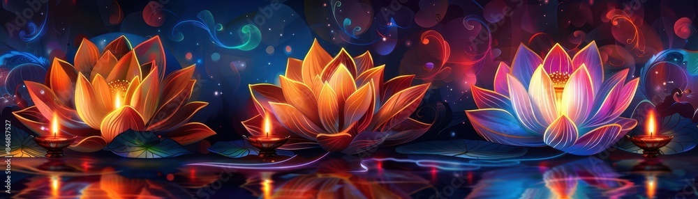 Rangoli with lotus flowers and diyas, vibrant and colorful, intricate design, festive, digital painting